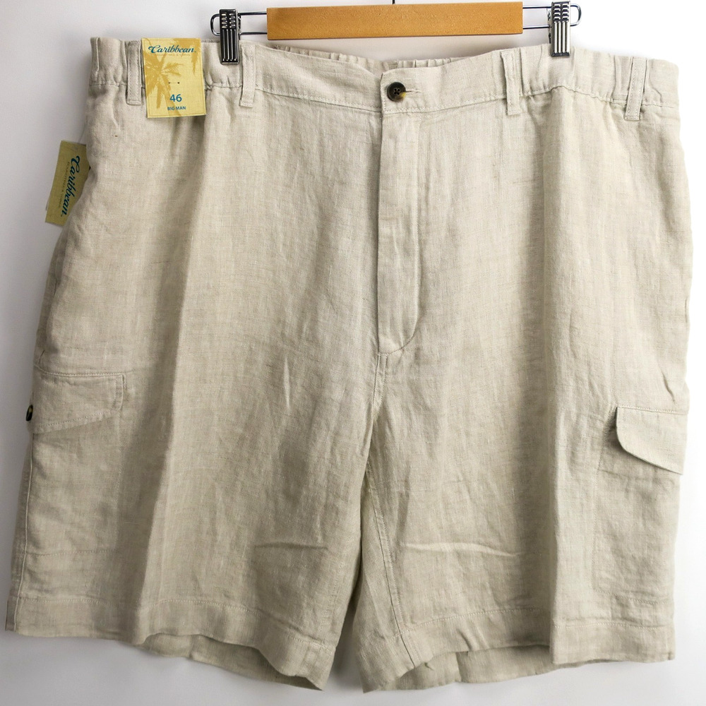 Mens 46 Big & Tall Linen Cargo Shorts Khaki Summer Lightweight NWT Caribbean